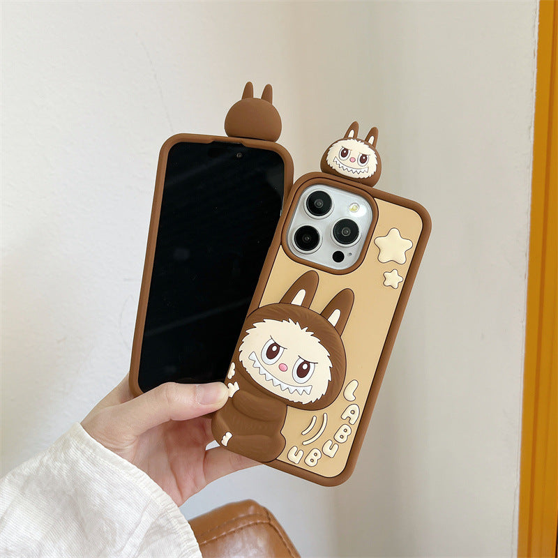 Compatible iPhone 16 Case Cartoon Lying Stand Labubu Silicone Apple 16 Pro Max Protective Cover
