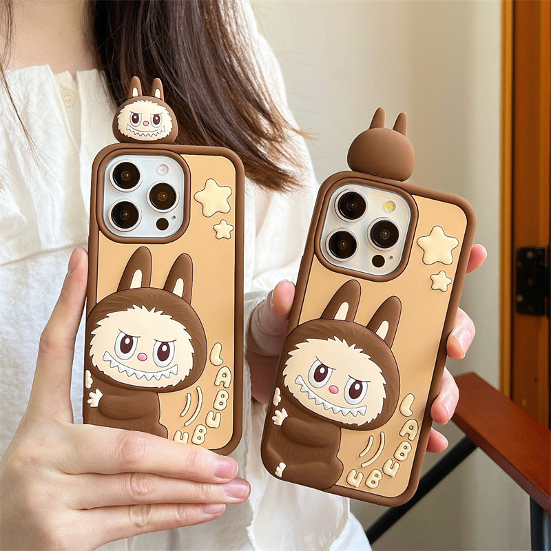 Compatible iPhone 16 Case Cartoon Lying Stand Labubu Silicone Apple 16 Pro Max Protective Cover