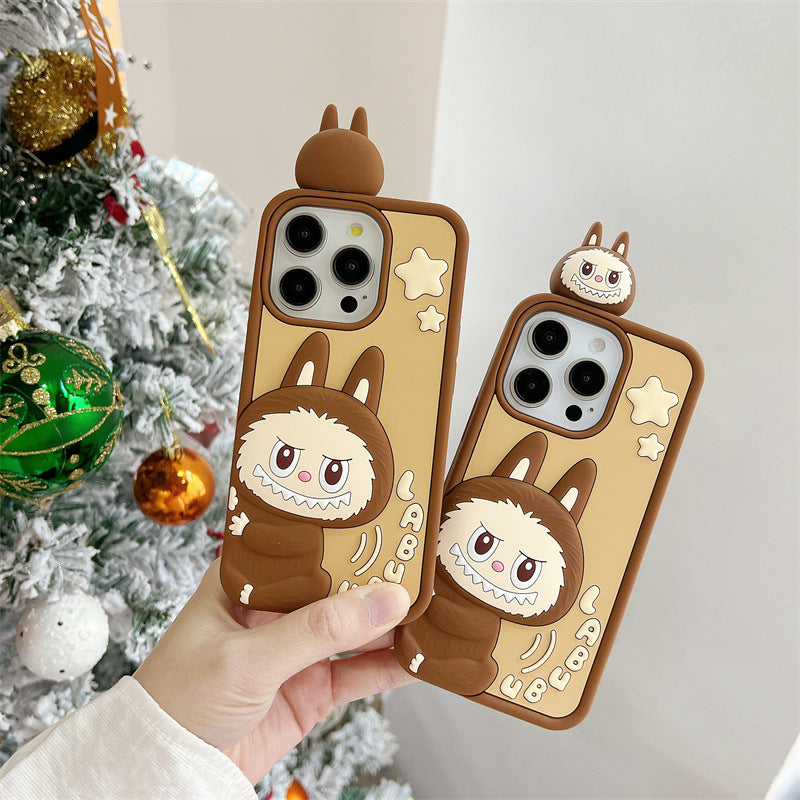 Compatible iPhone 16 Case Cartoon Lying Stand Labubu Silicone Apple 16 Pro Max Protective Cover