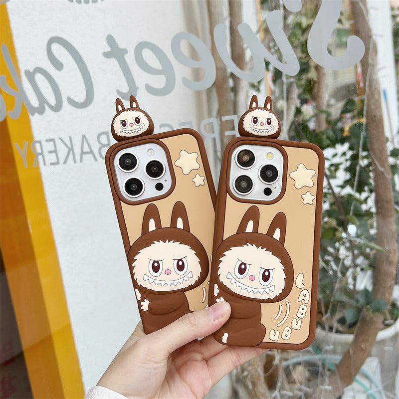 Compatible iPhone 16 Case Cartoon Lying Stand Labubu Silicone Apple 16 Pro Max Protective Cover