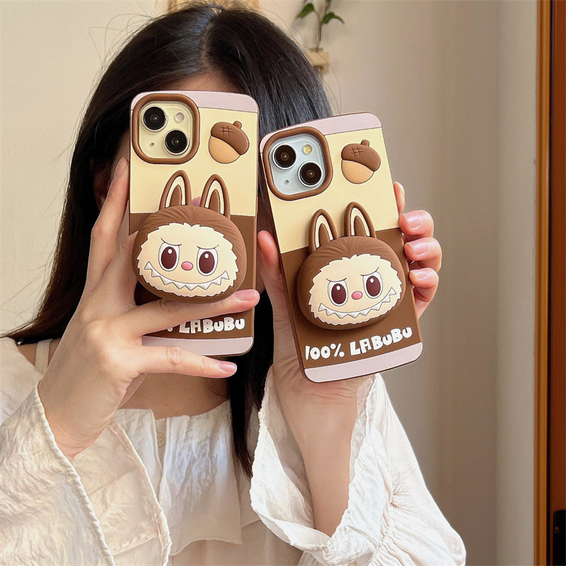 Compatible iPhone 16 Case Cartoon Lying Stand Labubu Silicone Apple 16 Pro Max Protective Cover