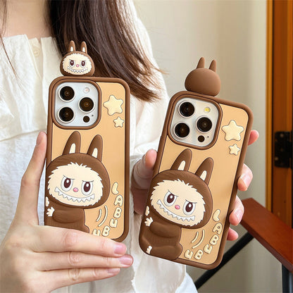 Compatible iPhone 16 Case Cartoon Lying Stand Labubu Silicone Apple 16 Pro Max Protective Cover