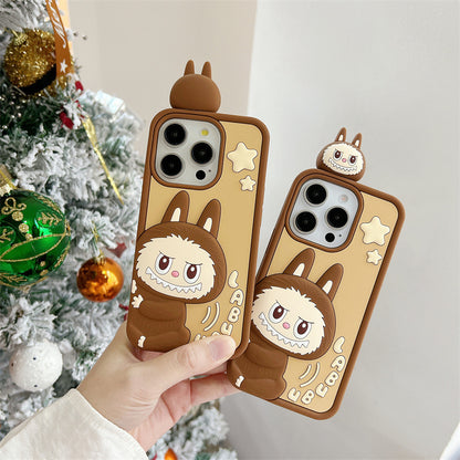 Compatible iPhone 16 Case Cartoon Lying Stand Labubu Silicone Apple 16 Pro Max Protective Cover
