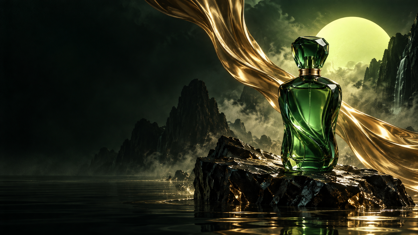 Original AI concept: emerald perfume, flowing gold and a luminous landscape