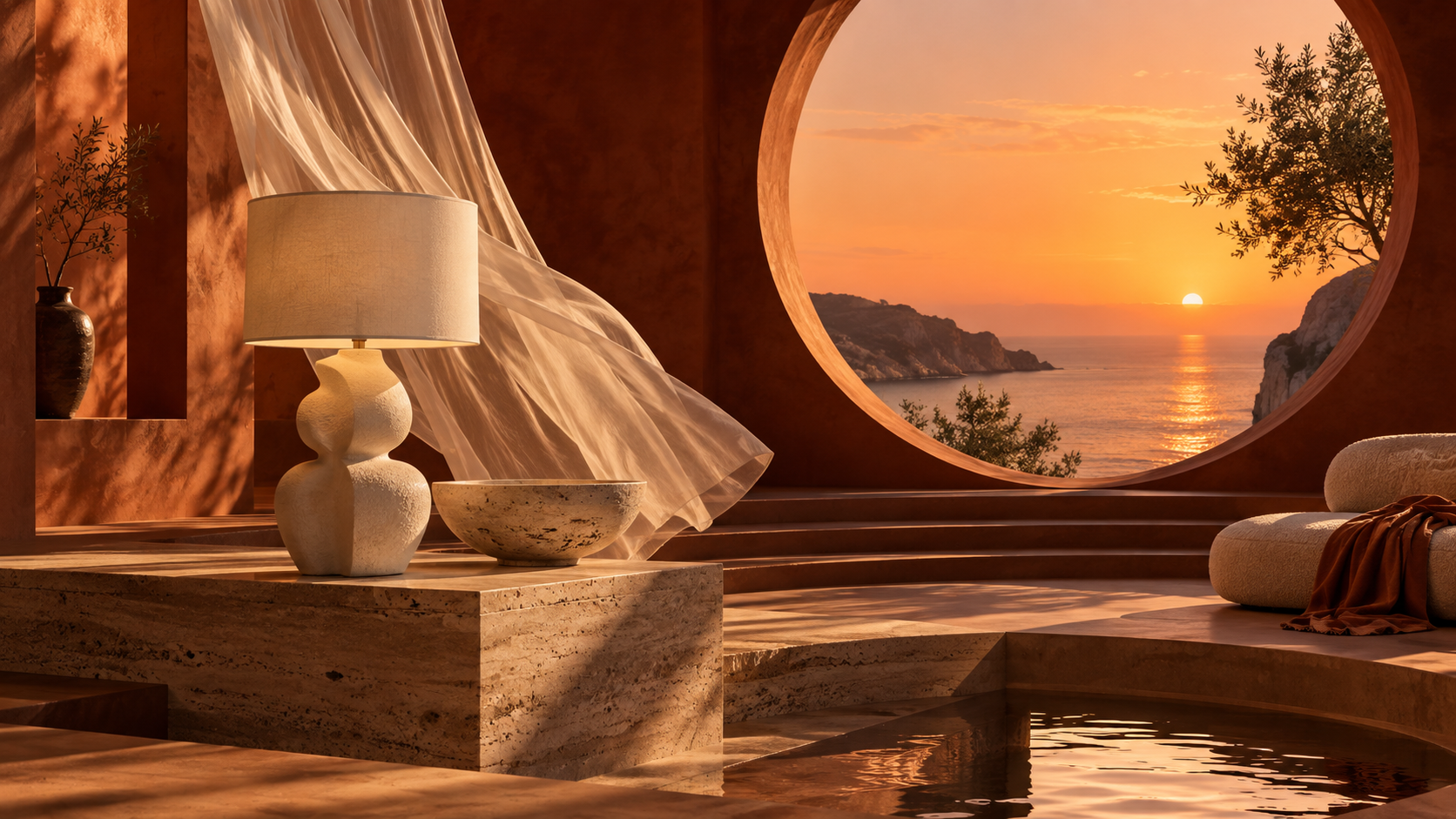 Warm ceramic homeware concept in a sunset architectural room